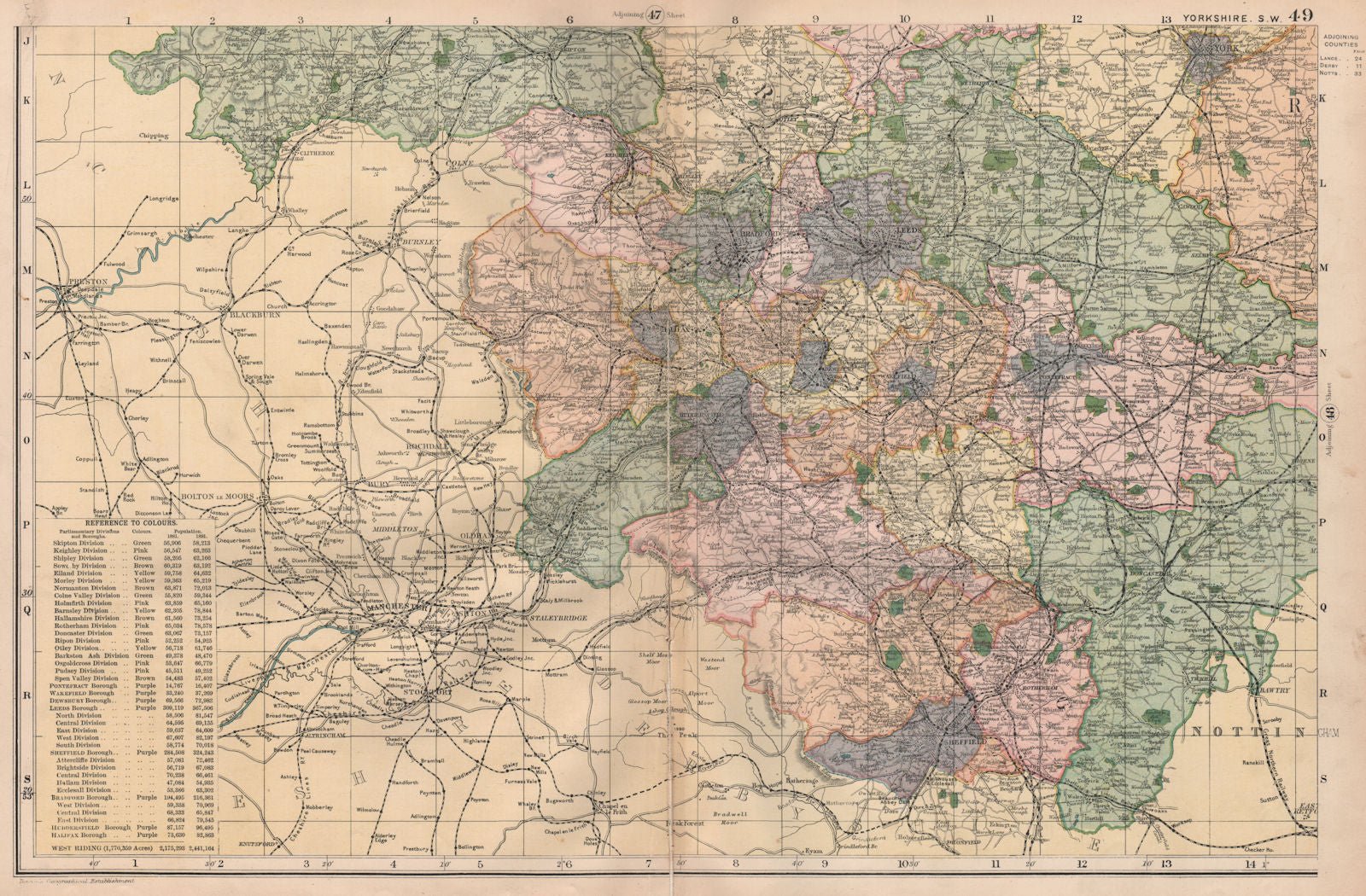 SOUTH WEST YORKSHIRE. Showing Parliamentary divisions & parks. BACON 1896 map